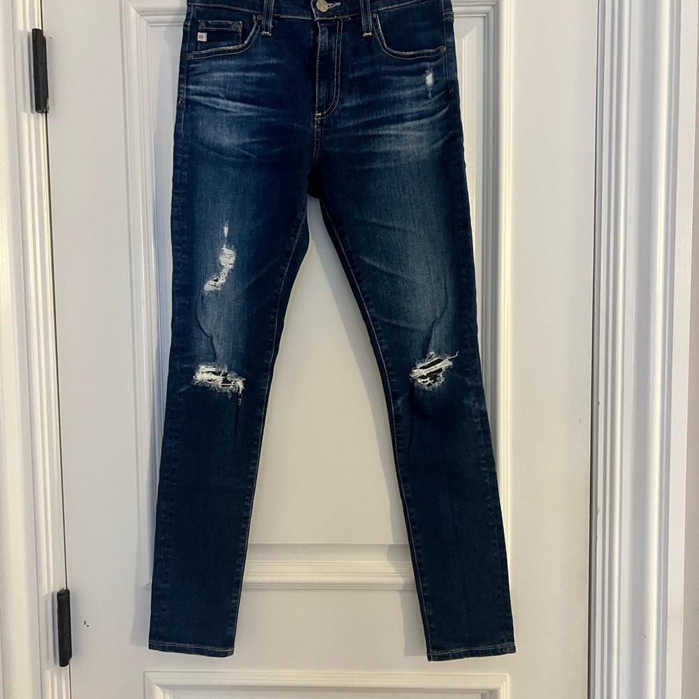 AG Adriano Goldschmied Dark Blue Distressed Skinny Jeans